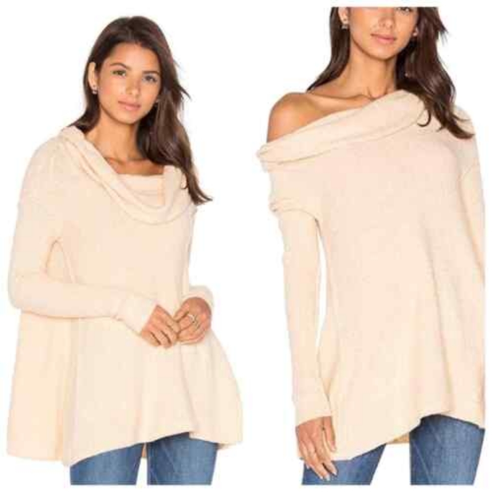 Free People Sweater Strawberry Fields Wool Knit Cowl Off Shoulder Boho Cream